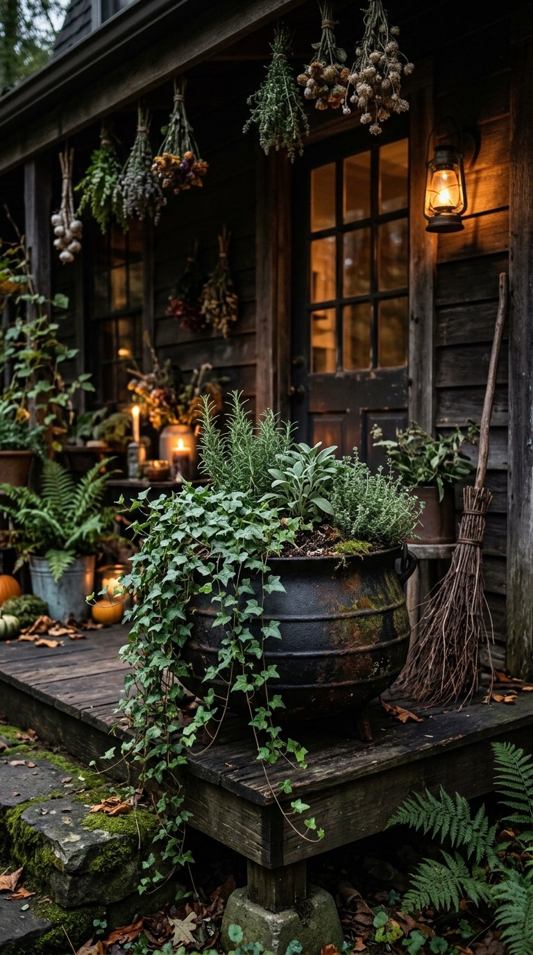 Black Cauldron Planter - witchy decor idea