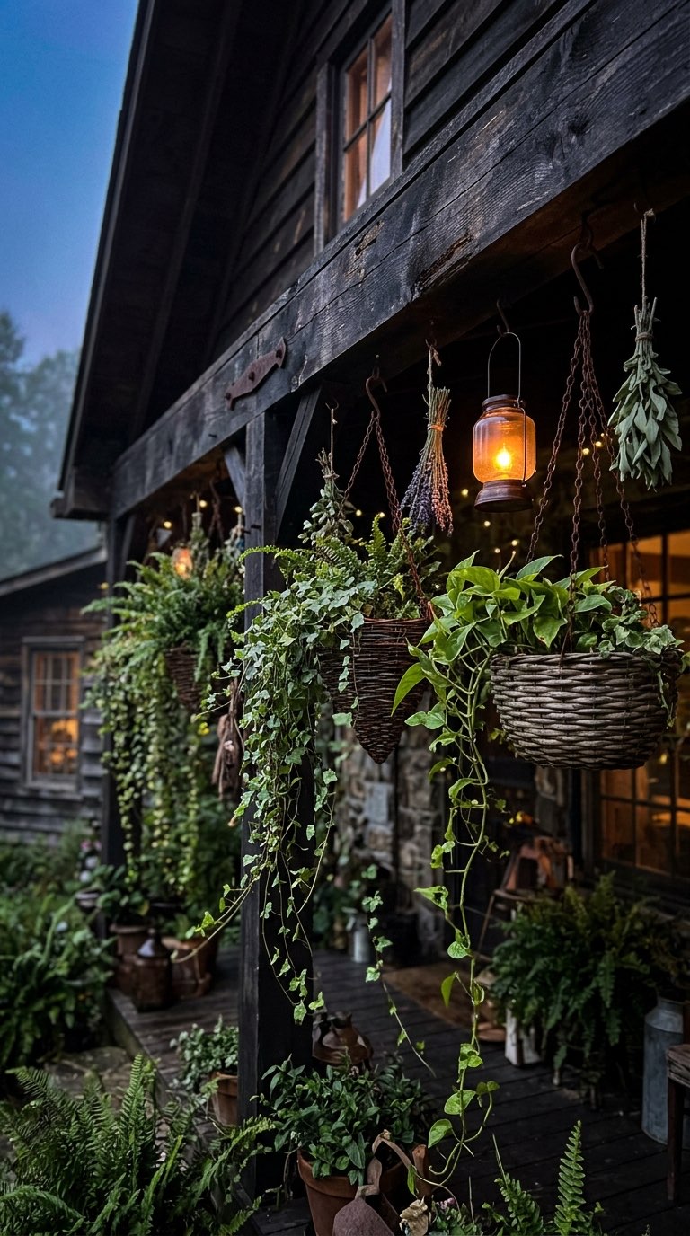 Hanging Basket with Greenery - witchy decor idea