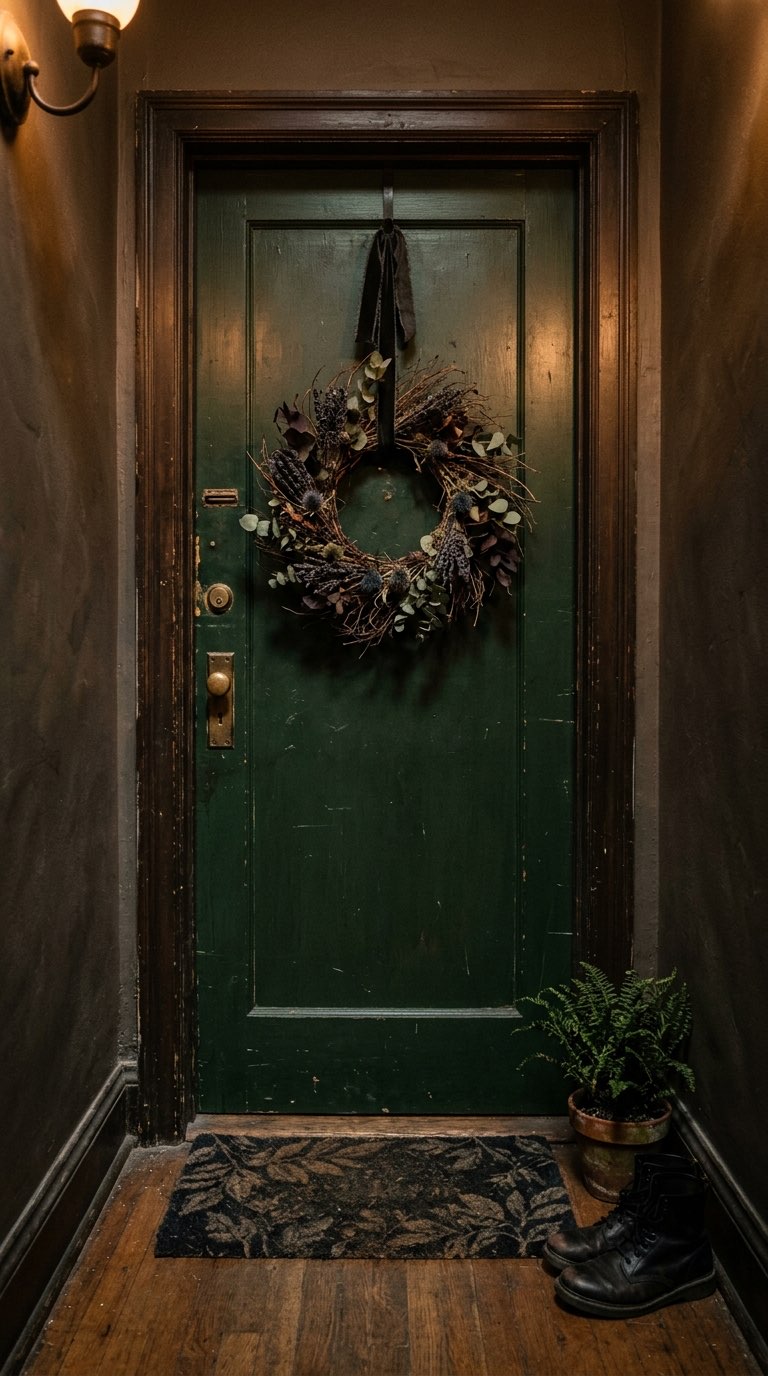 Door Wreath and Welcome Mat - witchy decor idea