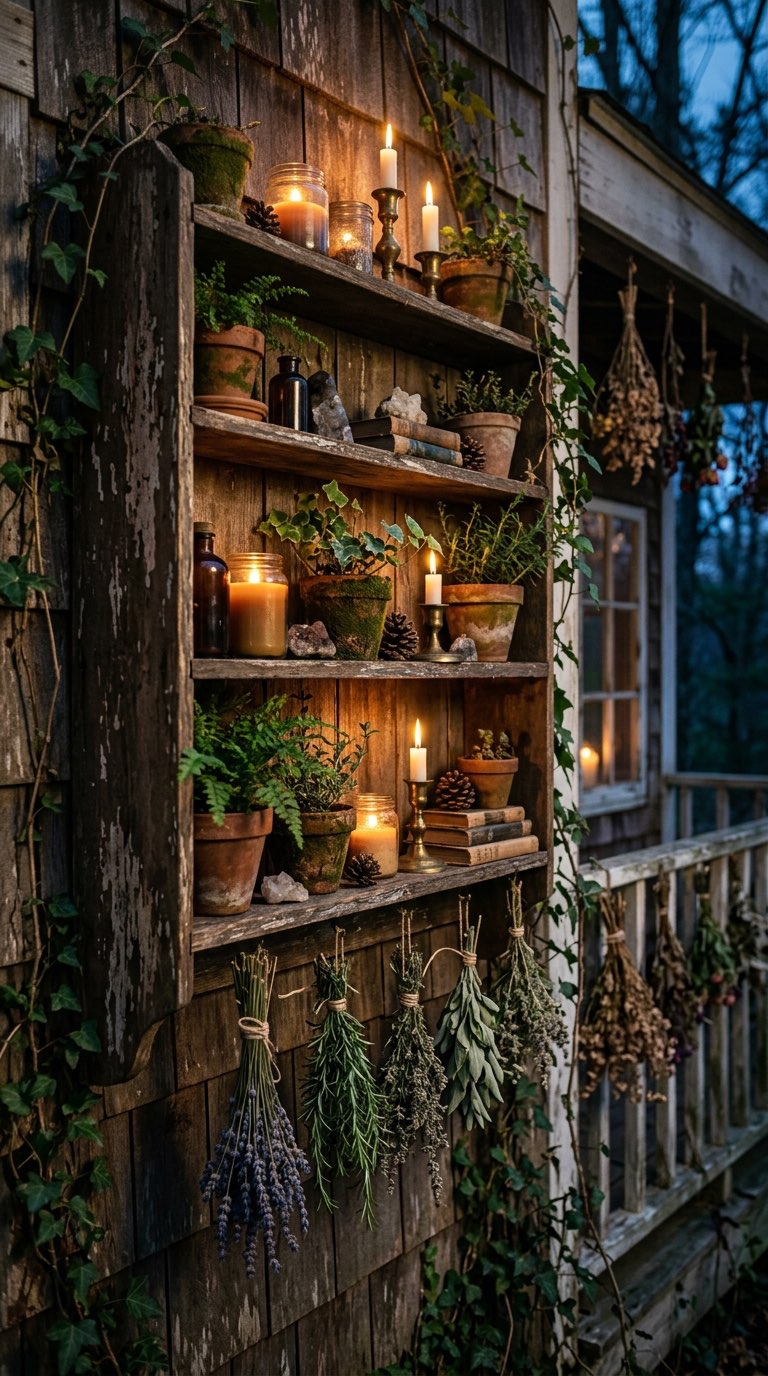 Weathered Wooden Shelf with Plants - witchy decor idea