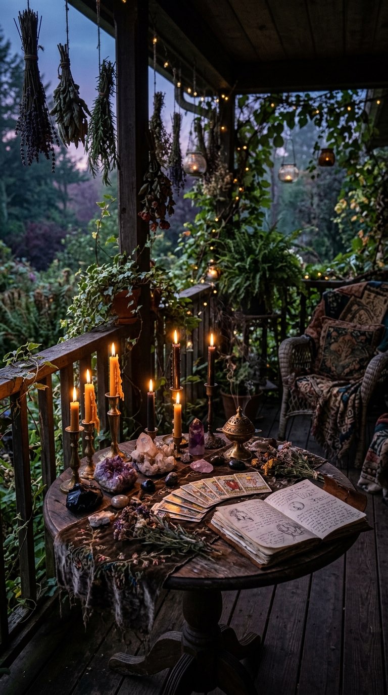 Crystal and Candle Table - witchy decor idea