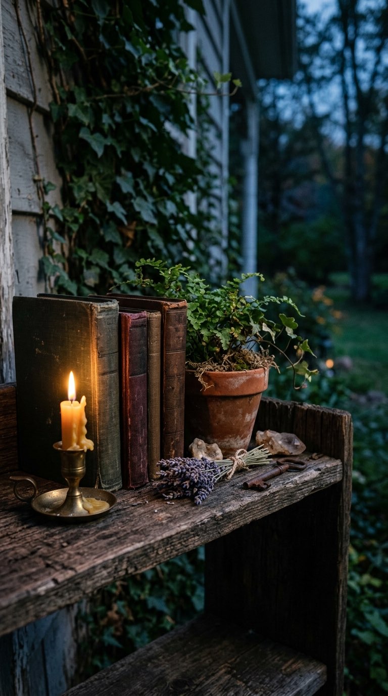Vintage Bookshelf Vignette - witchy decor idea