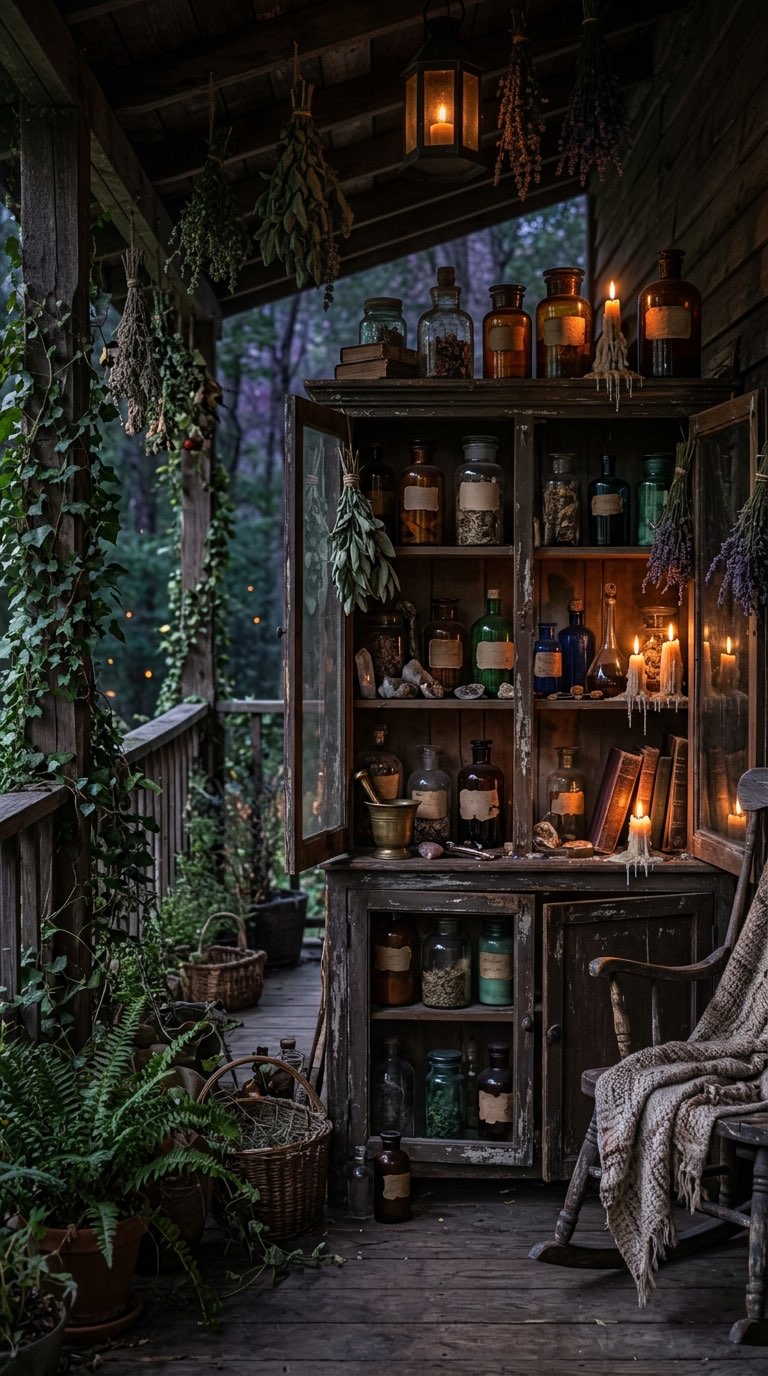 Apothecary Cabinet on the Porch - witchy decor idea