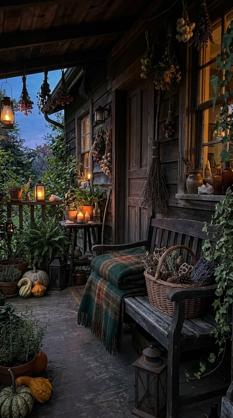 Bench with Basket and Blanket - witchy decor idea
