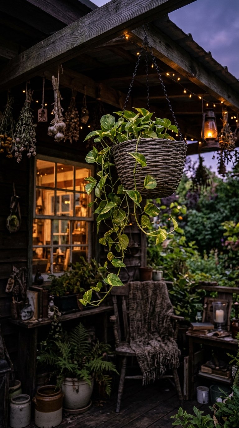 Basket with Trailing Pothos - witchy decor idea