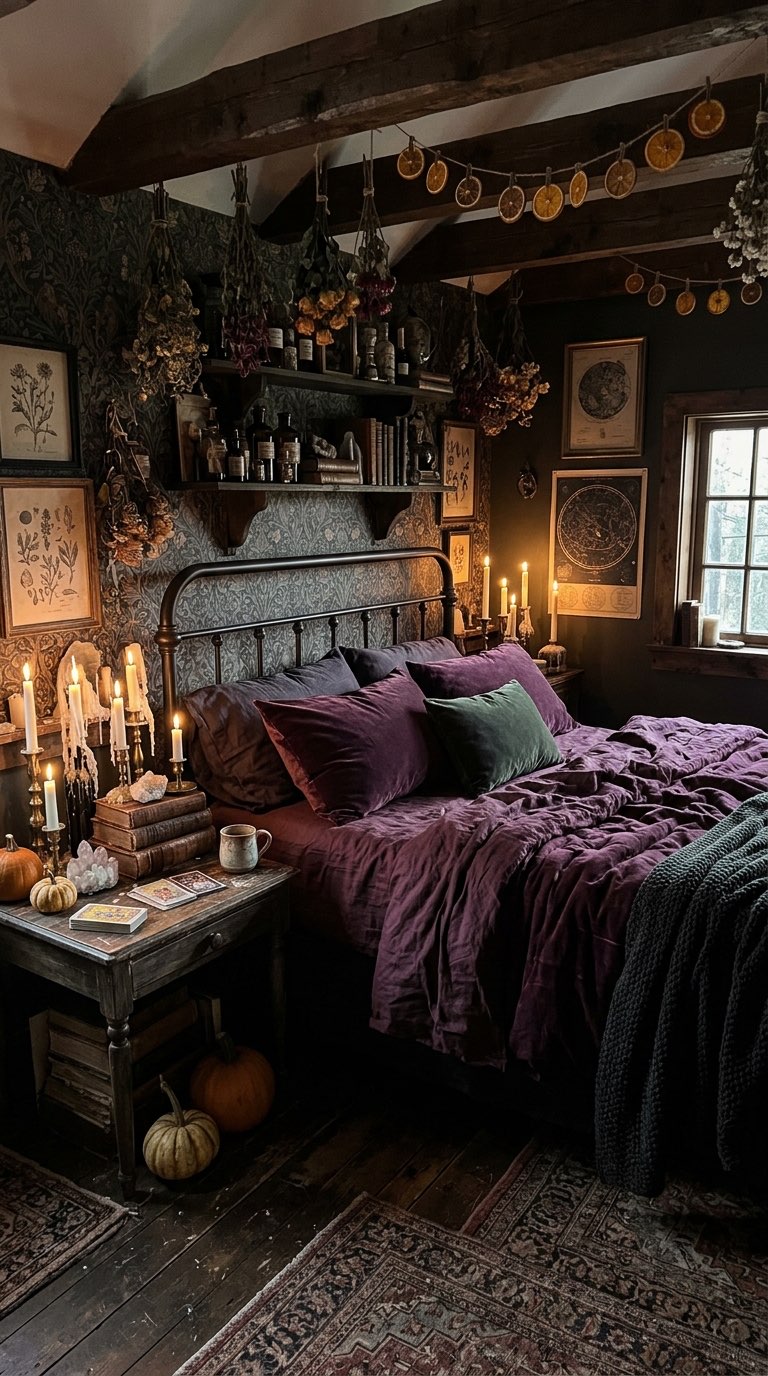 Dark Bedding and Velvet Pillows - witchy decor idea