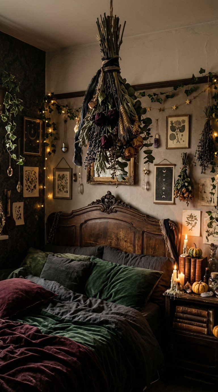 Dried Flowers Above the Bed - witchy decor idea