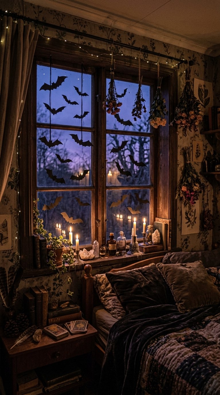 Bat Silhouettes Near the Window - witchy decor idea