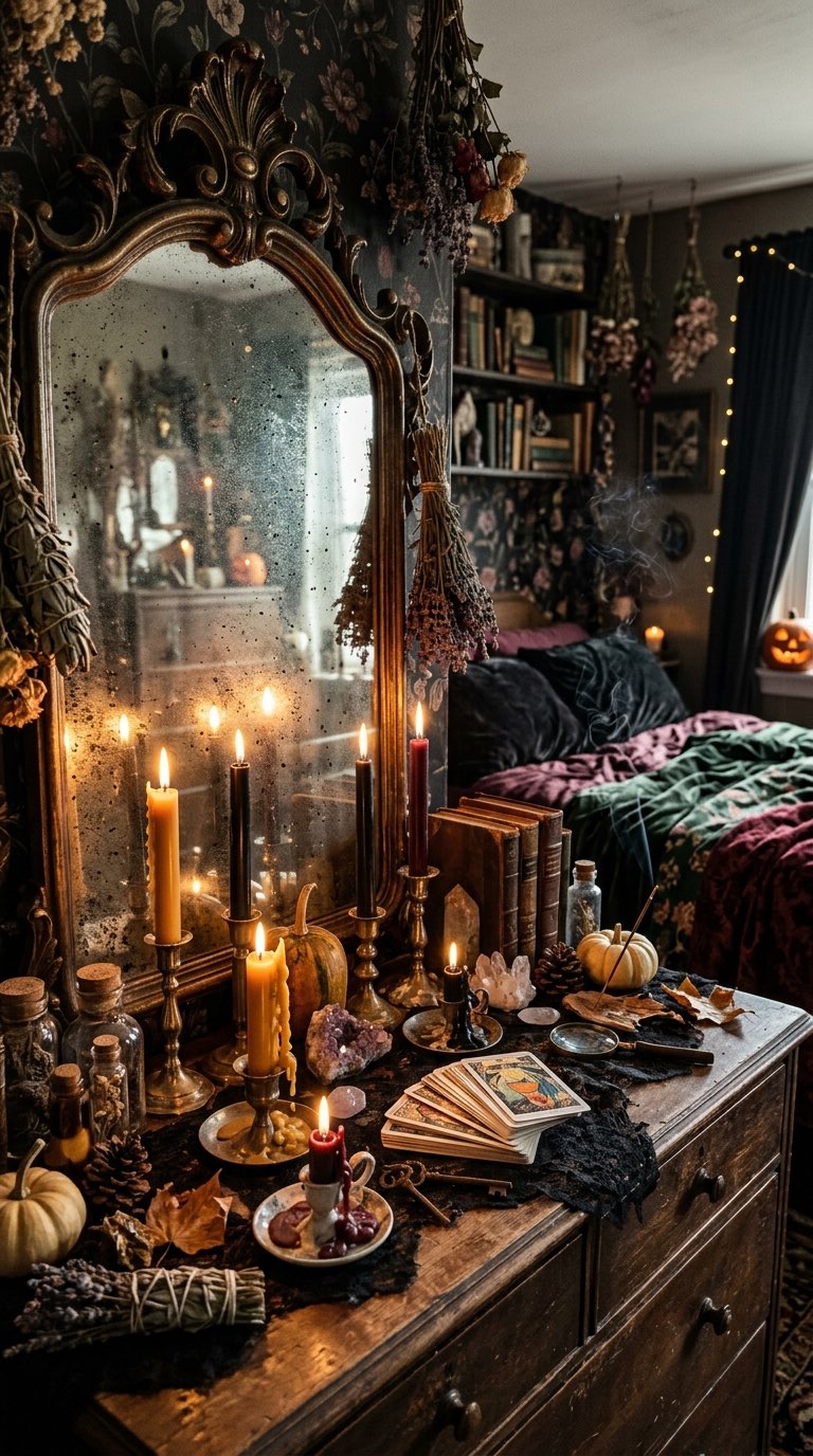 Vintage Mirror with Candles - witchy decor idea