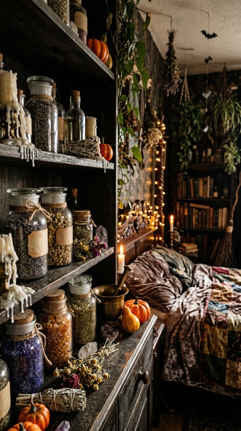 Apothecary Jars on a Shelf - witchy decor idea