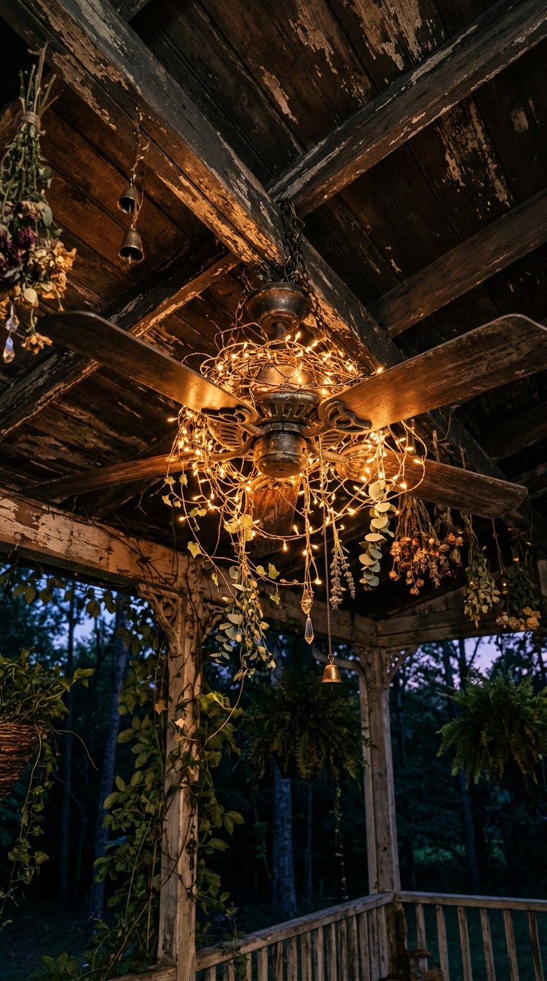 Ceiling Fan with Garland - witchy decor idea