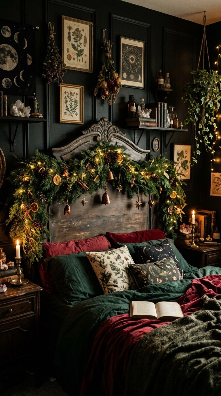Evergreen Garland on the Headboard - witchy decor idea