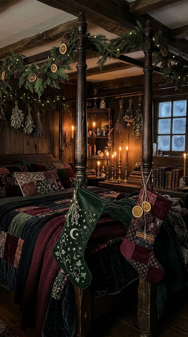 Stockings on the Bedpost - witchy decor idea