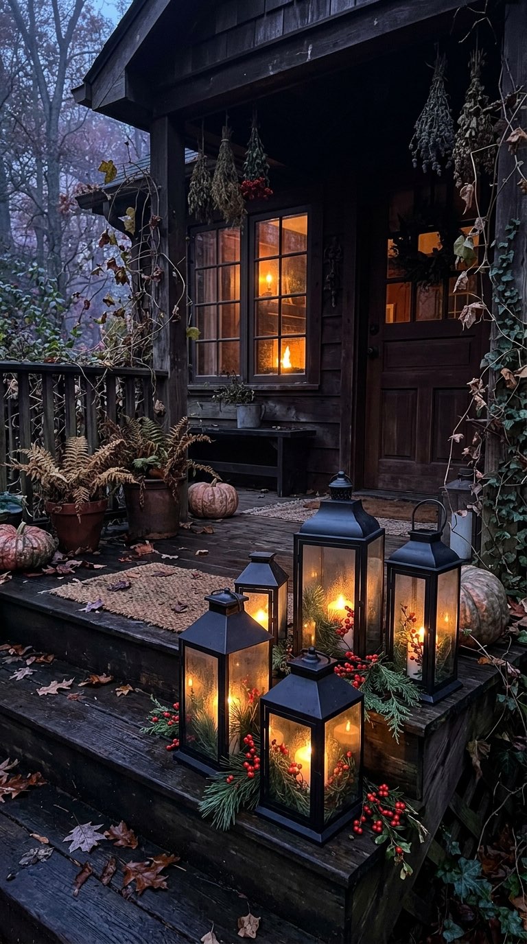 Lanterns with Pine and Berries - witchy decor idea