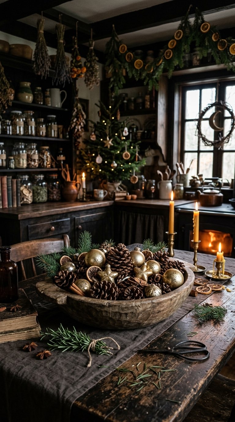 Wooden Bowl with Pinecones - witchy decor idea