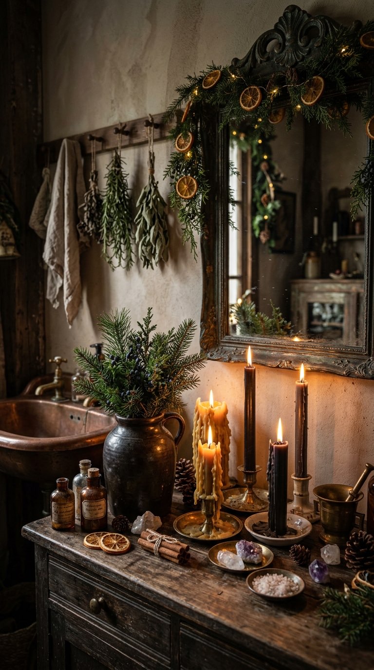 Evergreen Sprigs on the Vanity - witchy decor idea