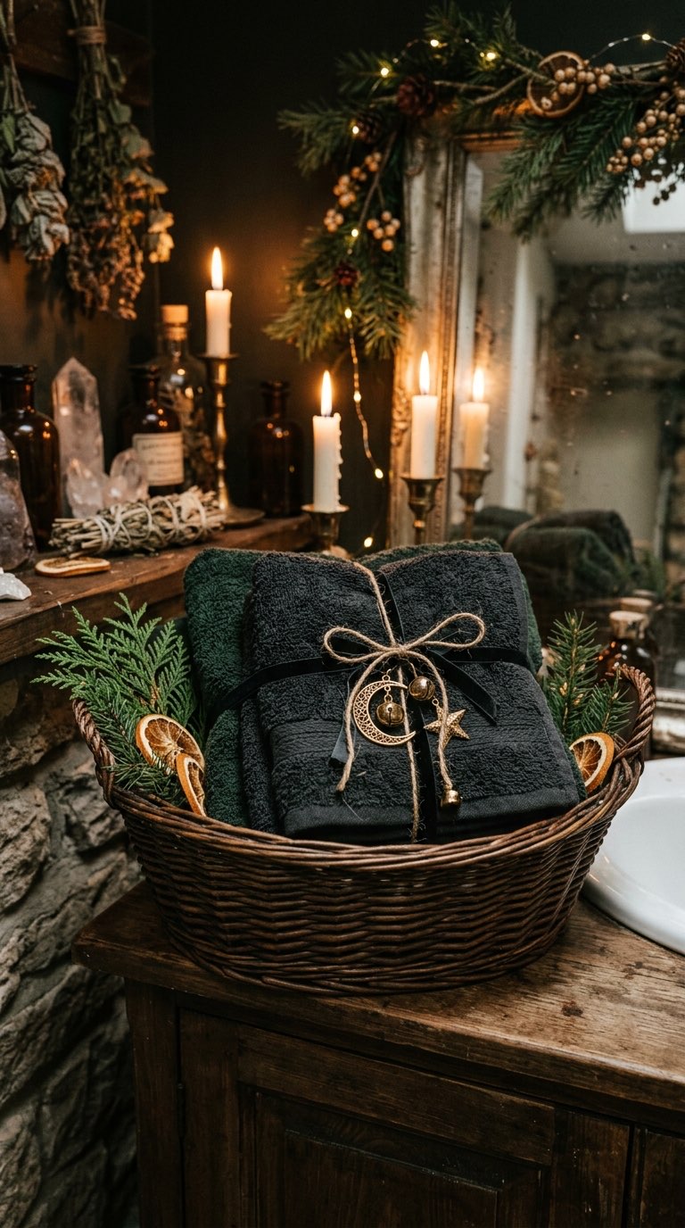 Dark Towels with Gold Charms - witchy decor idea