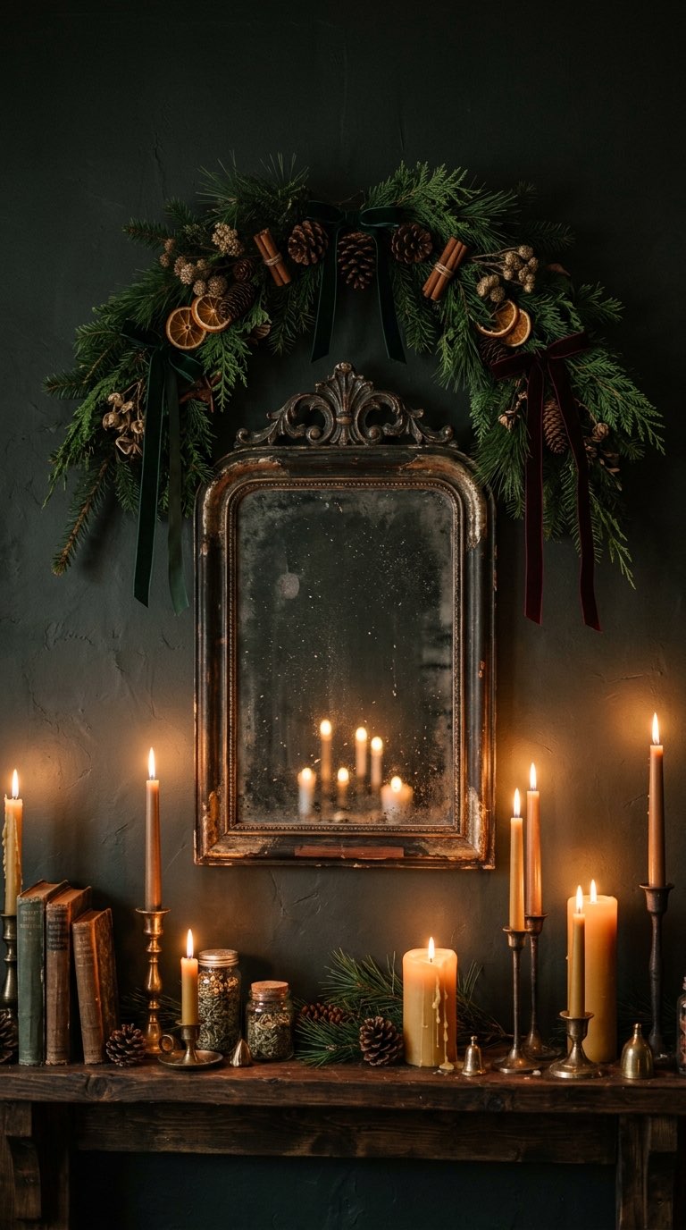 Evergreen Swag Above a Mirror - witchy decor idea