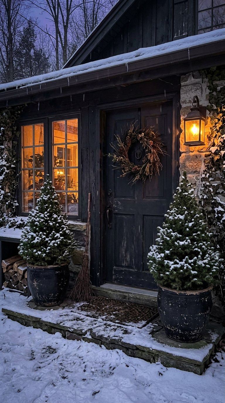 Evergreen Cone Trees in Black Pots - witchy decor idea