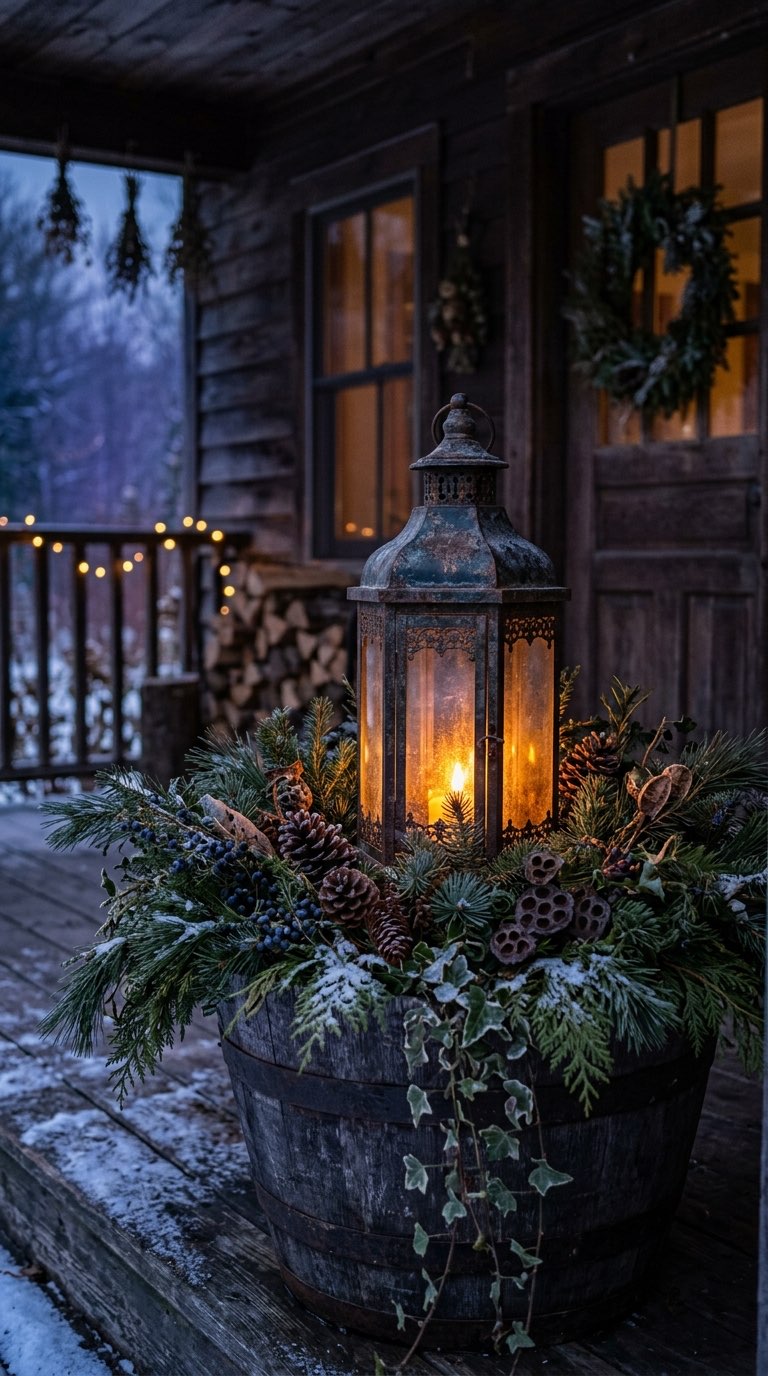 Lantern and Greenery Planter - witchy decor idea