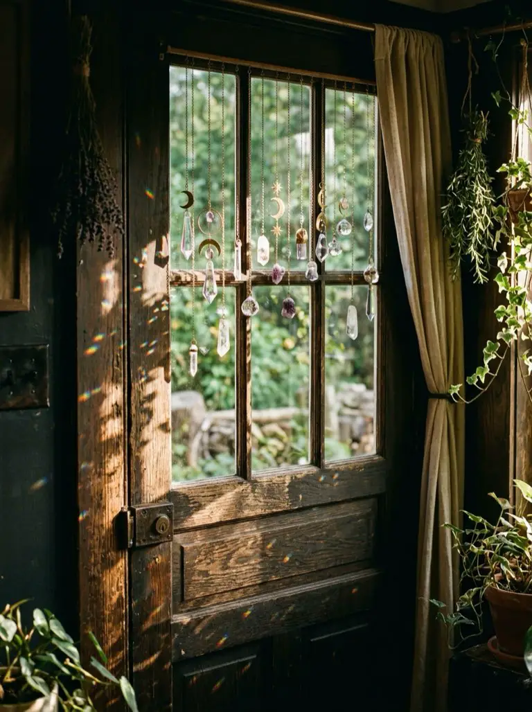 Add Crystal Suncatchers to the Door Window – witchy decor idea
