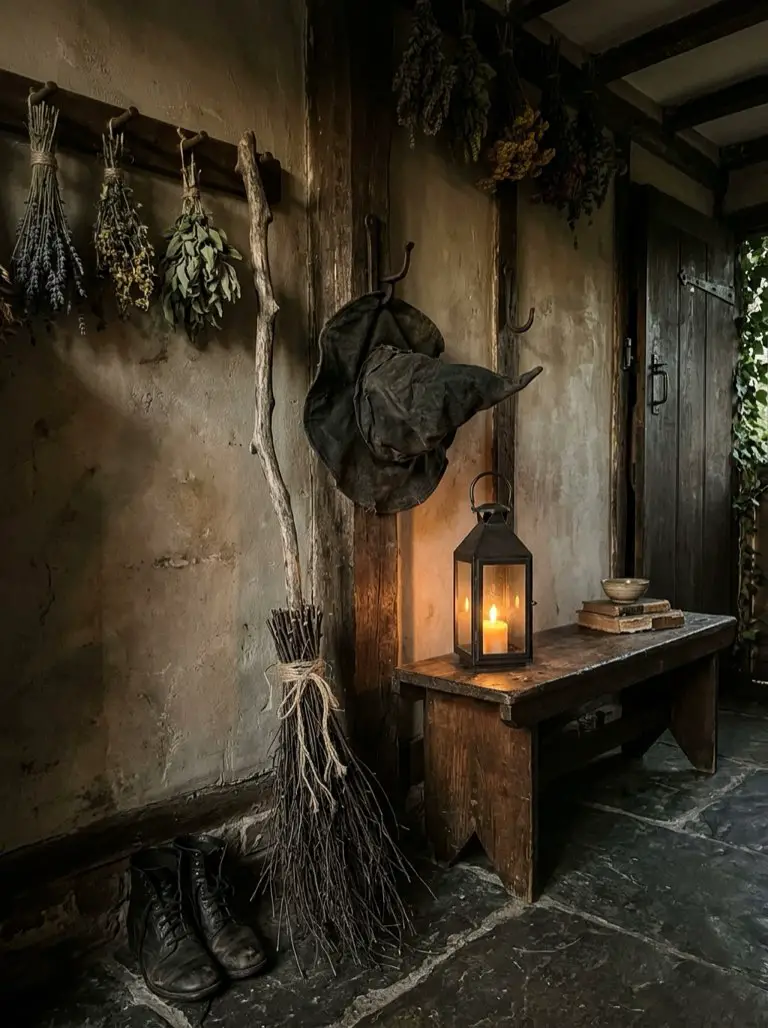 Style a Mini Witch Hat and Broom Corner – witchy decor idea