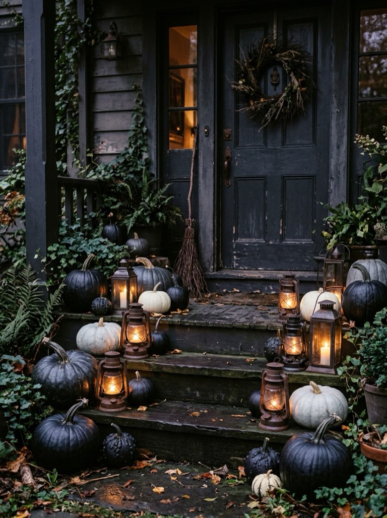 Light the Porch with Lanterns and Pumpkins – witchy decor idea