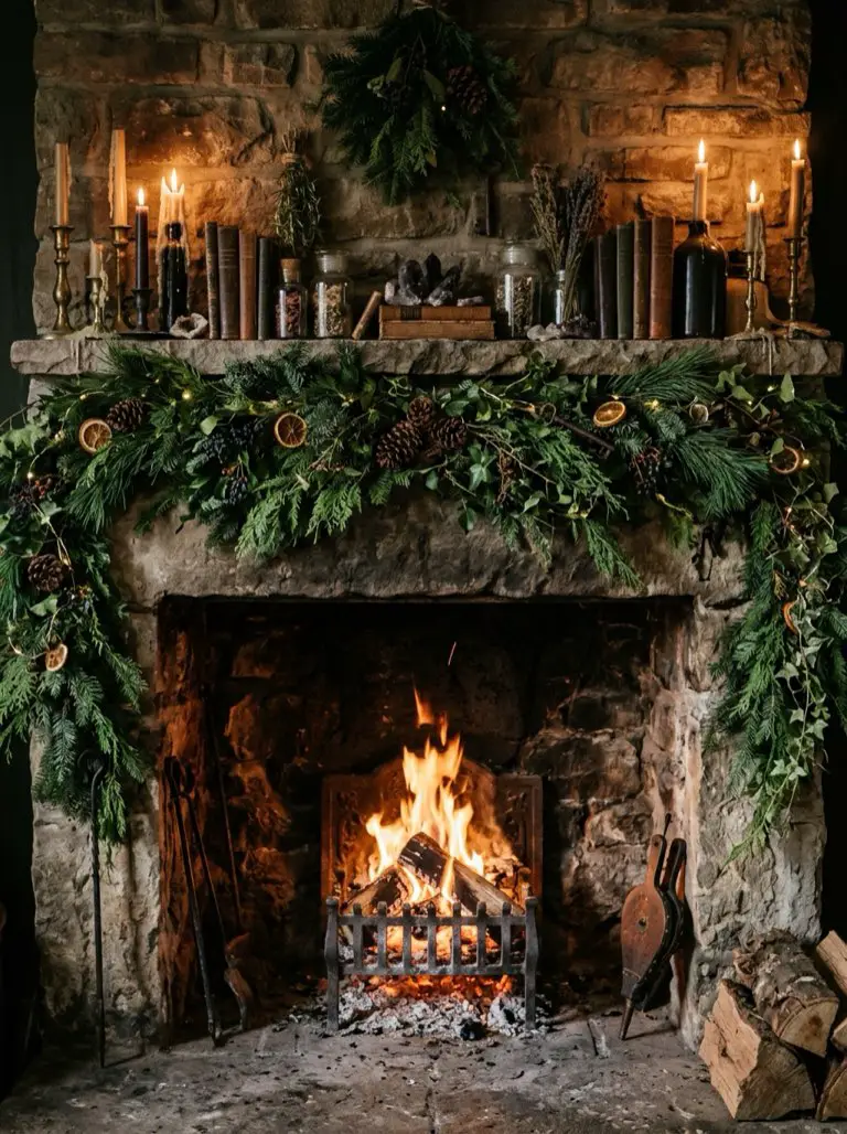 Start with a Lush Evergreen Garland – witchy decor idea