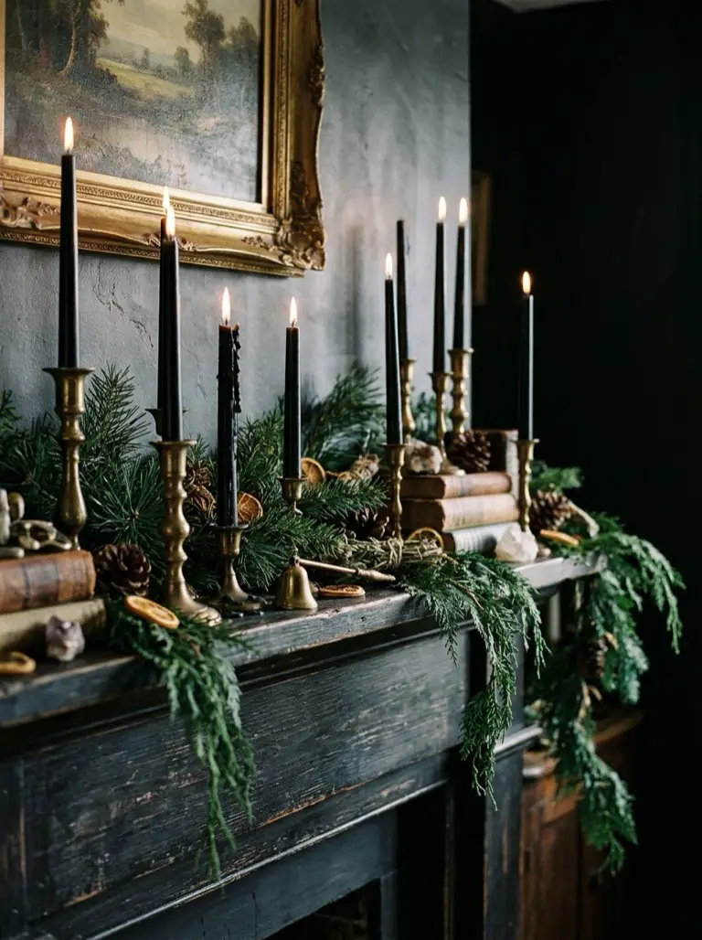 Add Black Taper Candles in Brass Holders – witchy decor idea