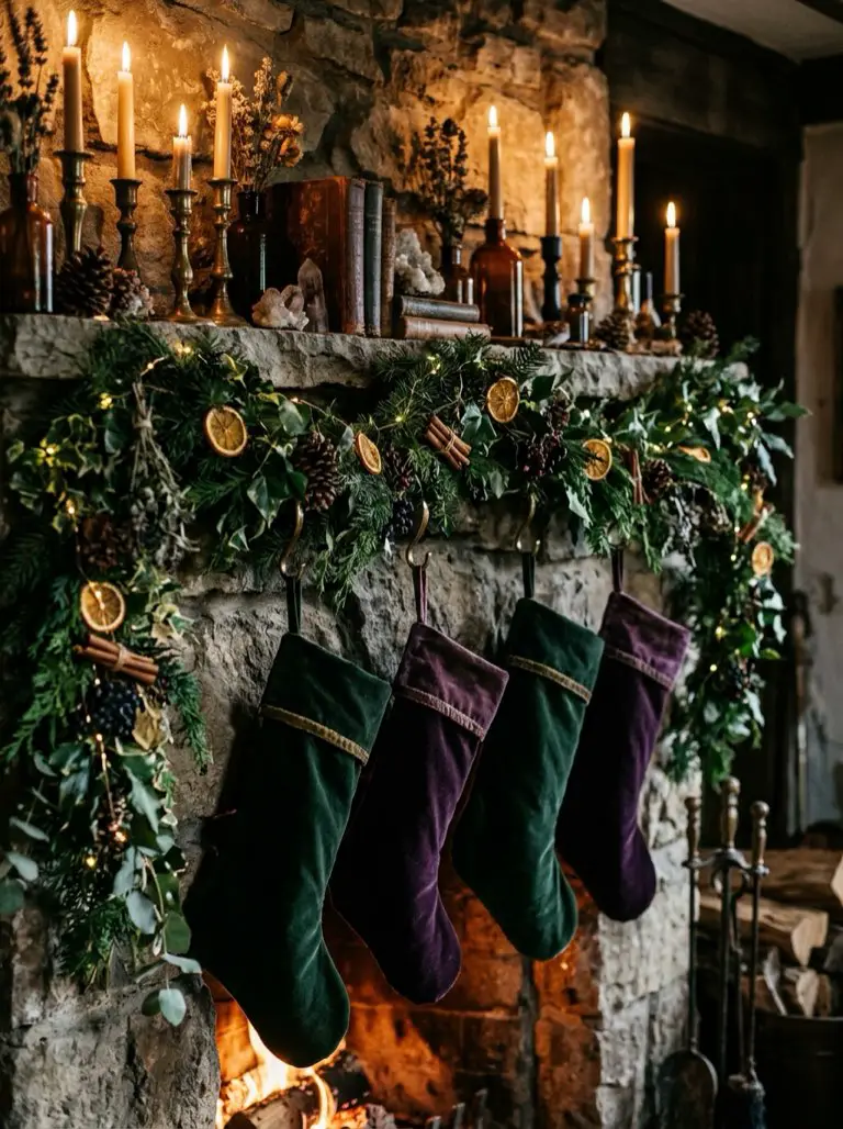 Hang Dark Velvet Stockings – witchy decor idea