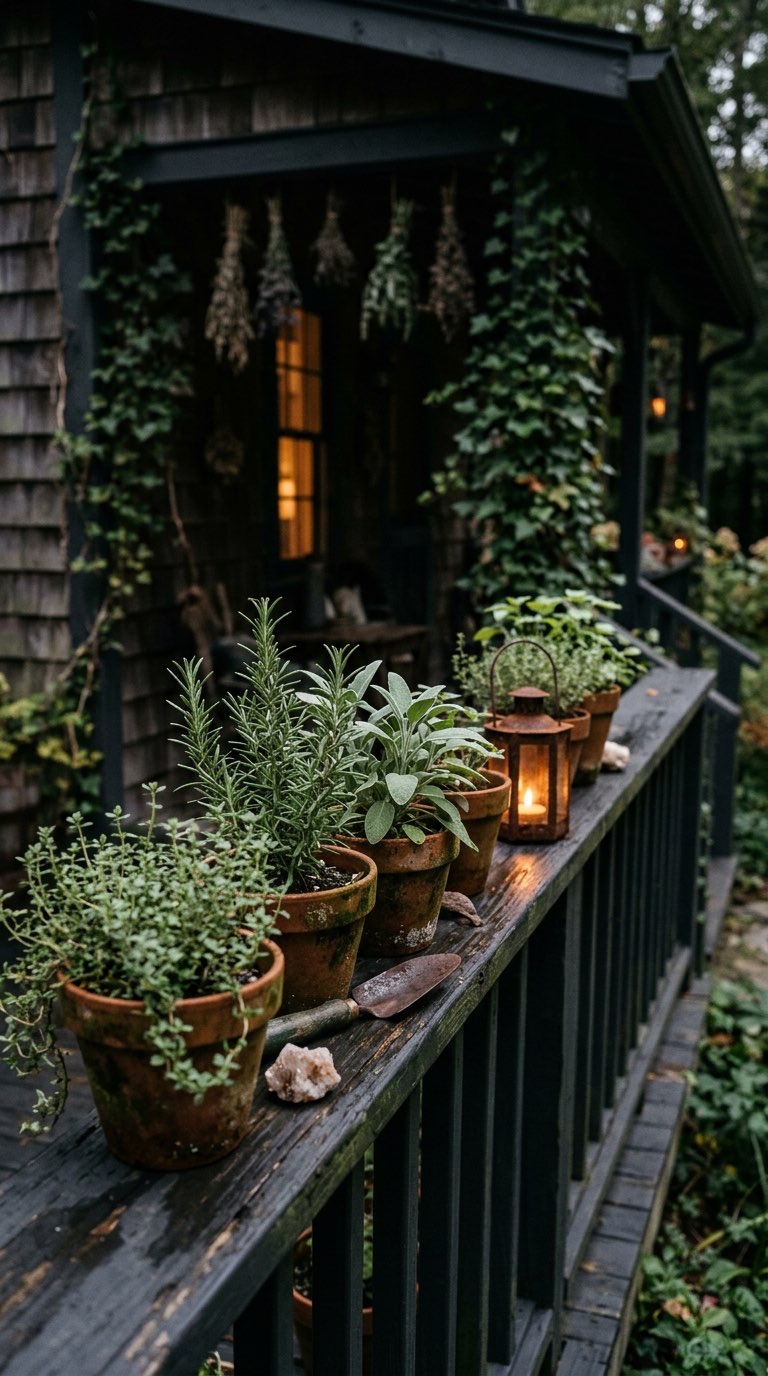 Line the Rail with Potted Herbs – witchy decor idea