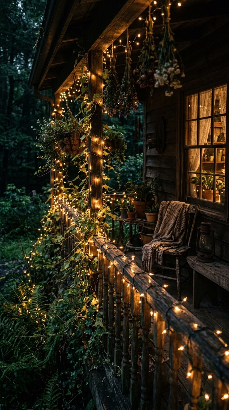 Weave Fairy Lights Through the Rail – witchy decor idea