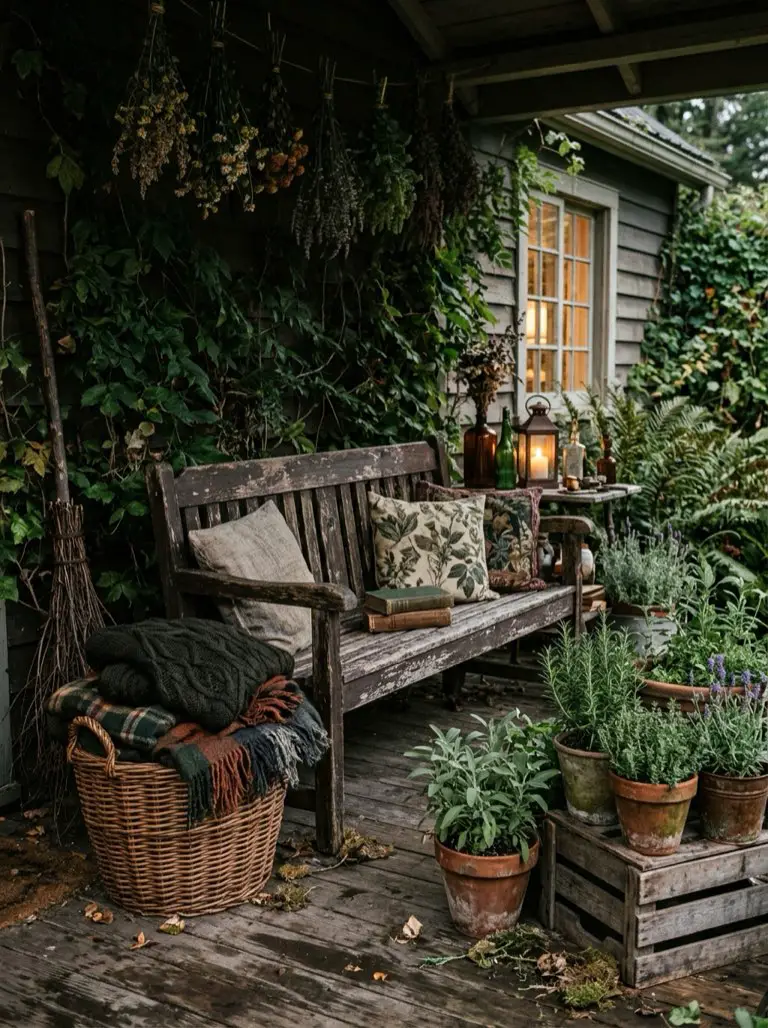 Add a Vintage Wooden Bench – witchy decor idea
