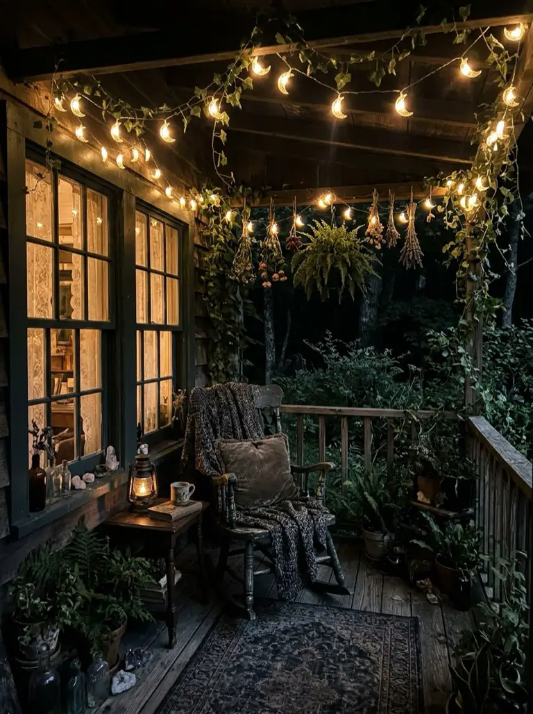Finish with Hanging Moon Lights – witchy decor idea