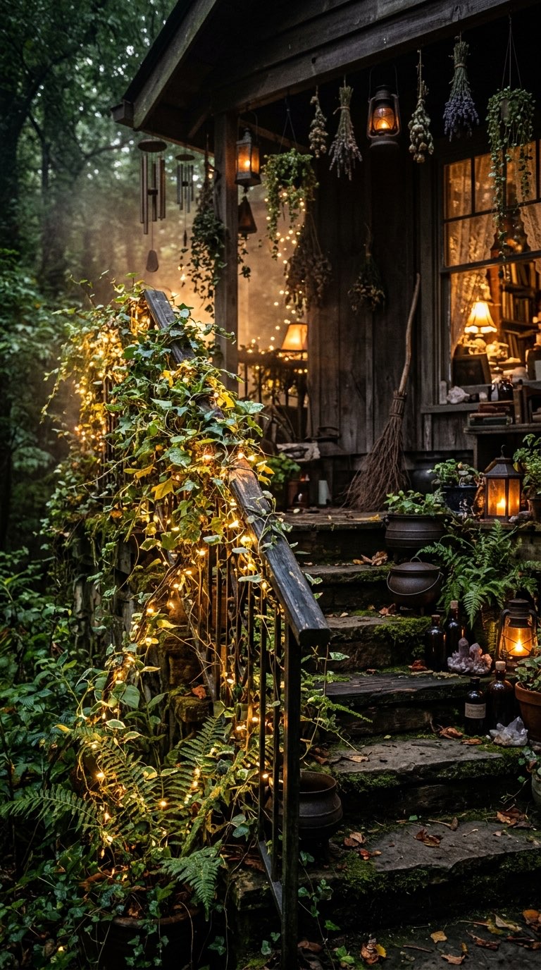 Wrap the Handrail in Greenery and Lights – witchy decor idea
