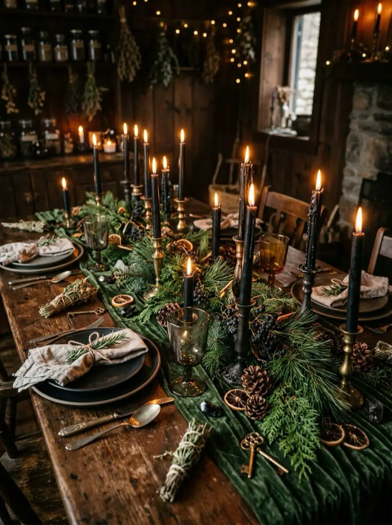 Start with a Dark Velvet Table Runner – witchy decor idea