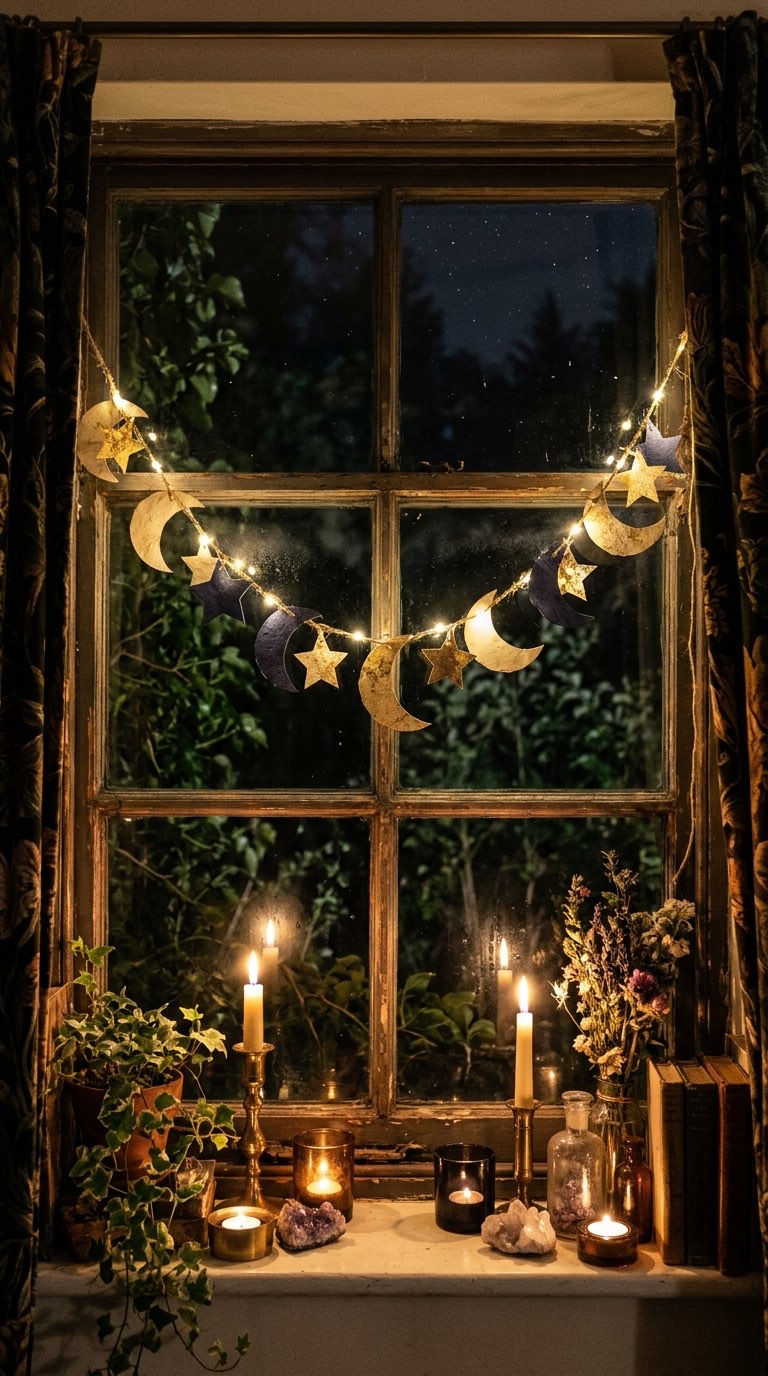 Hang Paper Star and Moon Garlands – witchy decor idea